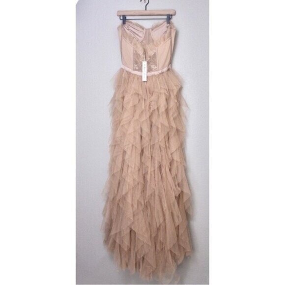 NWT For Love & Lemons x REVOLVE Bustier Gown XL Warm Taupe Ruffle Tulle Lace - Picture 8 of 14